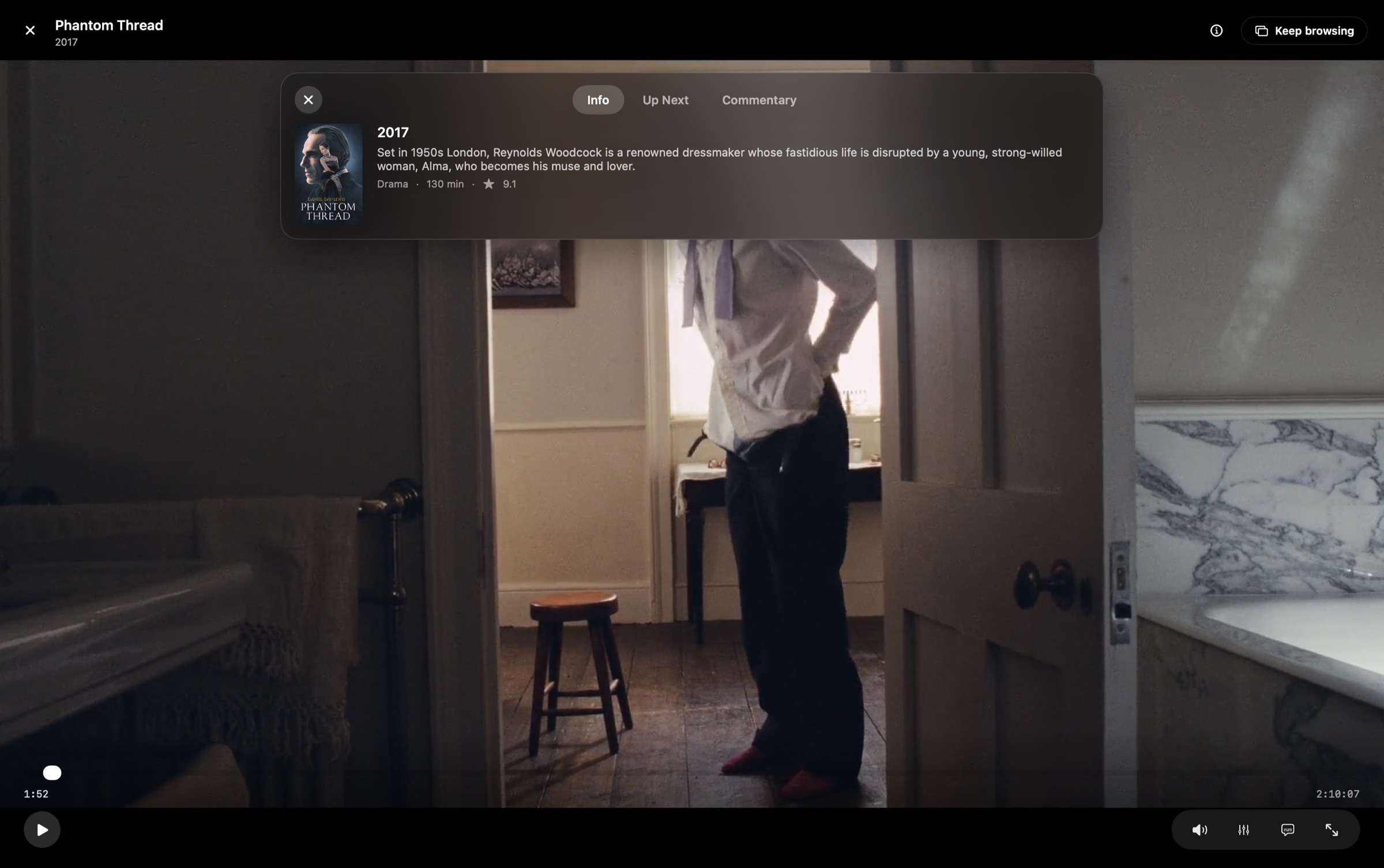 Backlot's player paused on Phantom Thread, with the info panel open on its Info, Up Next and Commentary tabs.