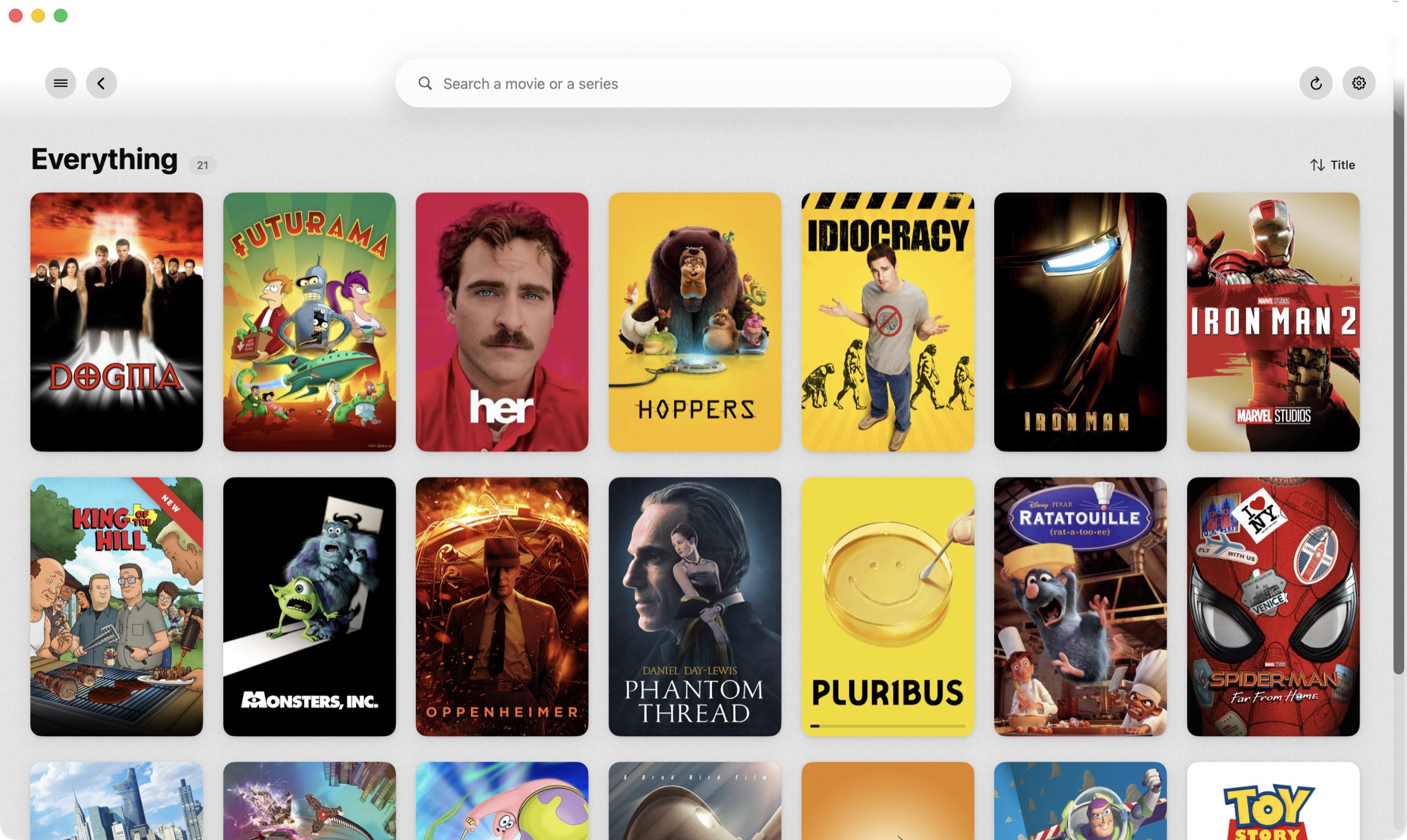 Backlot's Everything grid: two rows of film and TV posters under a search field.