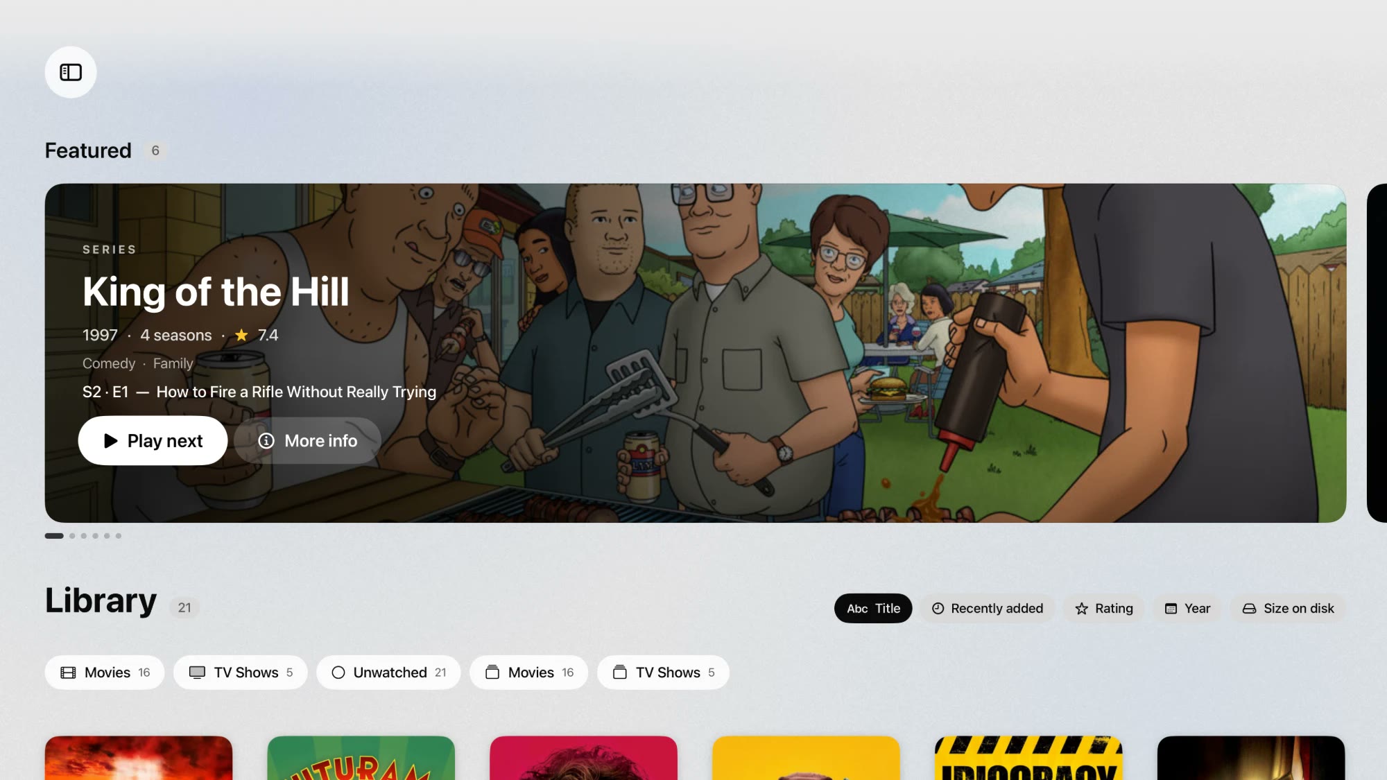 Backlot on Apple TV: a Featured banner for King of the Hill with Play next and More info, above the Library grid with sort and filter chips.