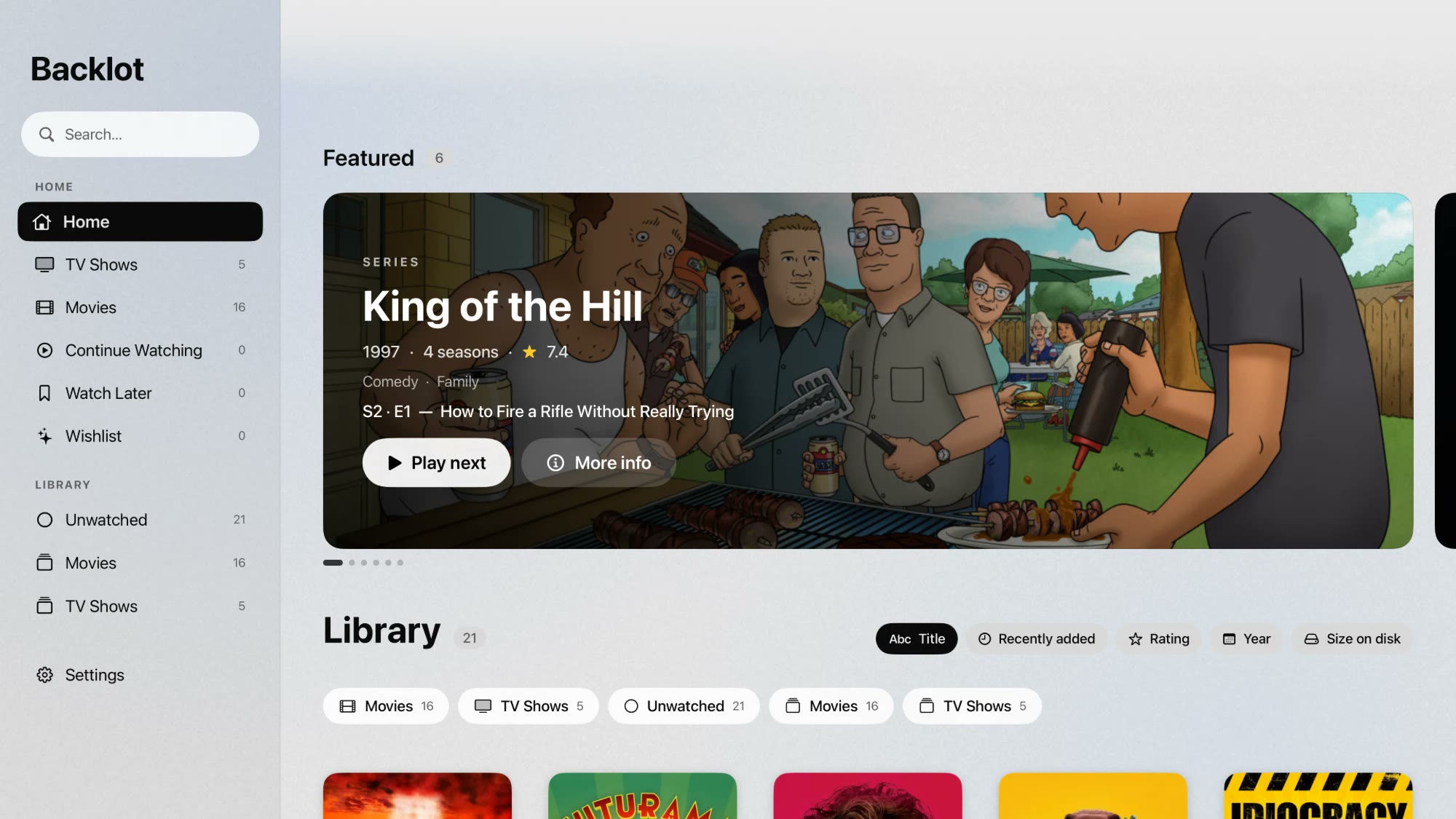 The Apple TV sidebar: search, Home, TV Shows, Movies, Continue Watching, Watch Later, Wishlist and library filters.